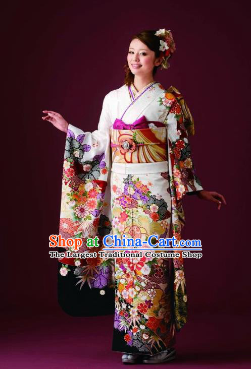 Japanese Traditional Printing Iromuji White Furisode Kimono Asian Japan Costume Geisha Yukata Dress for Women