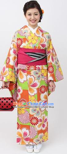 Japanese Traditional Printing Sakura Orange Kimono Asian Japan Costume Geisha Yukata Dress for Women