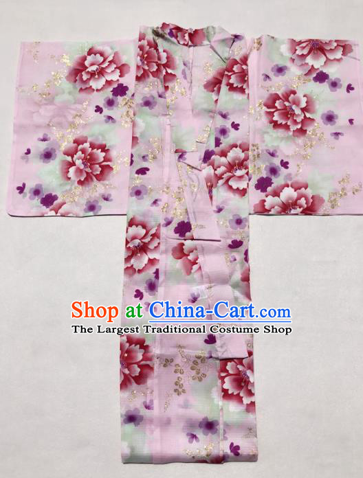 Traditional Japanese Classical Printing Peony Pink Kimono Asian Japan Costume Geisha Yukata Dress for Women
