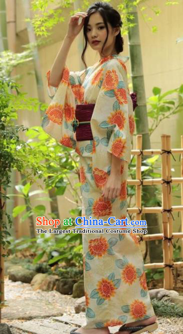 Japanese Traditional Printing Sunflowers Yellow Kimono Asian Japan Costume Geisha Yukata Dress for Women