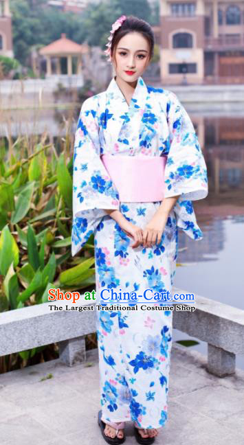 Japanese Traditional Classical Printing Peony White Kimono Asian Japan Costume Geisha Yukata Dress for Women