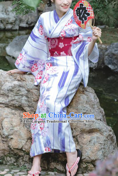 Japanese Classical Printing Petunia Kimono Asian Traditional Japan Costume Geisha Yukata Dress Complete Set for Women