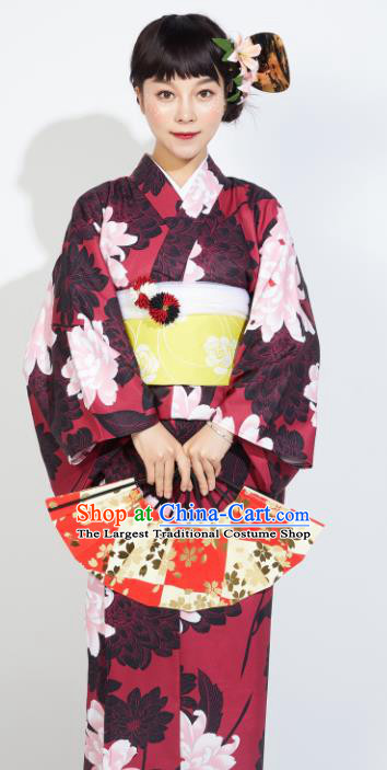 Japanese Classical Printing Peony Dark Red Yukata Dress Asian Japan Traditional Costume Geisha Furisode Kimono for Women