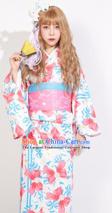 Japanese Classical Printing Bowknot Yukata Dress Asian Japan Traditional Costume Geisha Kimono for Women