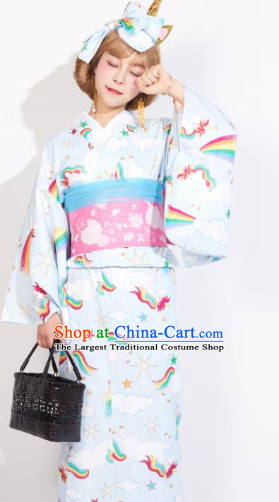 Japanese Classical Printing Rainbow Blue Yukata Dress Asian Japan Traditional Costume Geisha Kimono for Women