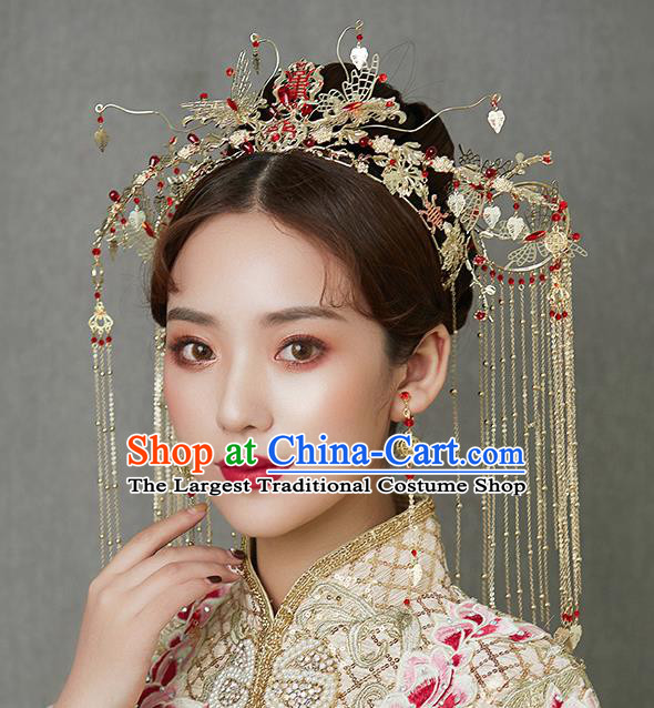 Traditional Chinese Handmade Wedding Hair Accessories Ancient Bride Phoenix Coronet Tassel Hairpins for Women
