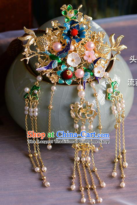 Traditional Chinese Ancient Palace Cloisonne Tassel Hair Crown Hairpins Handmade Wedding Hair Accessories for Women