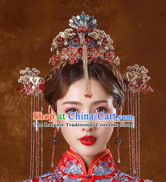 Traditional Chinese Ancient Bride Tassel Hairpins Cloisonne Phoenix Coronet Handmade Wedding Hair Accessories for Women