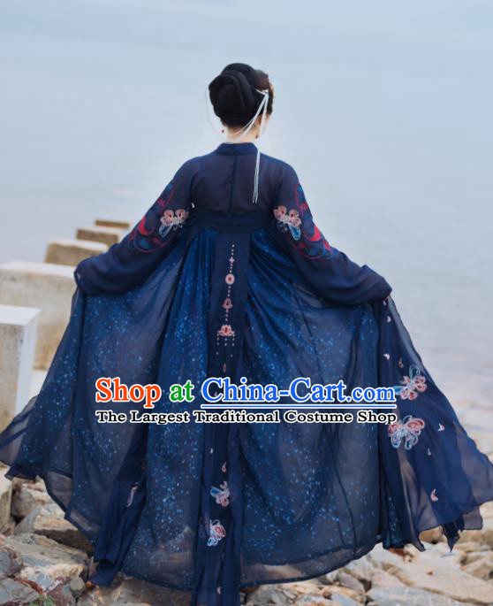 Ancient Chinese Tang Dynasty Court Princess Historical Costume Traditional Palace Dance Navy Hanfu Dress for Women