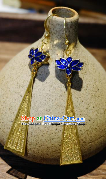 Traditional Chinese Ancient Princess Blueing Lotus Tassel Earrings Handmade Hanfu Jewelry Accessories for Women