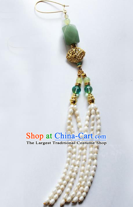 Traditional Chinese Ancient Palace Jade Brooch Handmade Hanfu Breastpin Pearls Tassel Pendant for Women