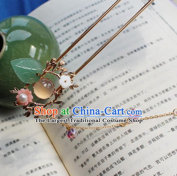 Chinese Ancient Hanfu Rose Chalcedony Hair Clip Princess Tassel Hairpins Traditional Handmade Hair Accessories for Women