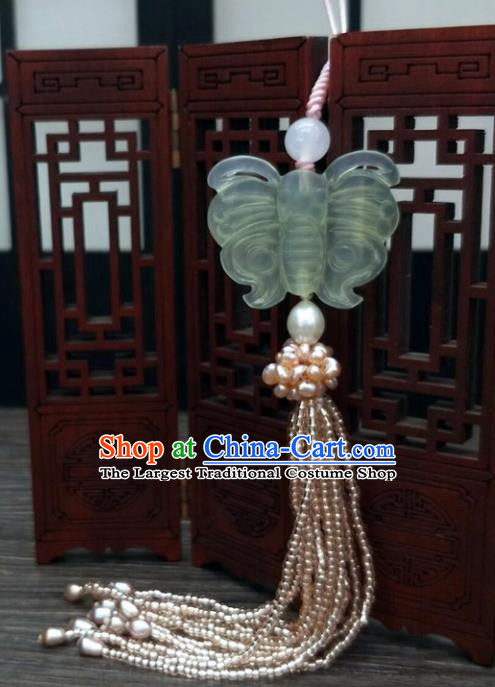 Traditional Chinese Ancient Jade Butterfly Brooch Handmade Hanfu Palace Breastpin Tassel Pendant for Women