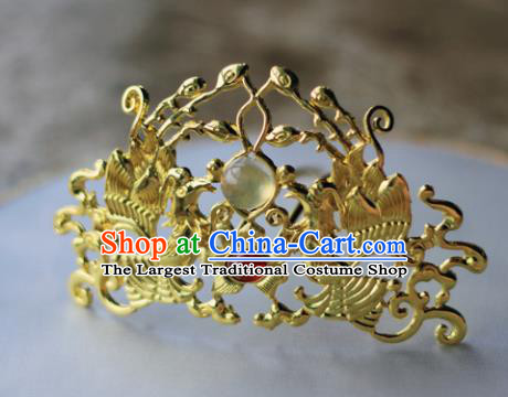 Traditional Chinese Ancient Queen Hanfu Phoenix Hair Crown Golden Hairpins Handmade Wedding Hair Accessories for Women