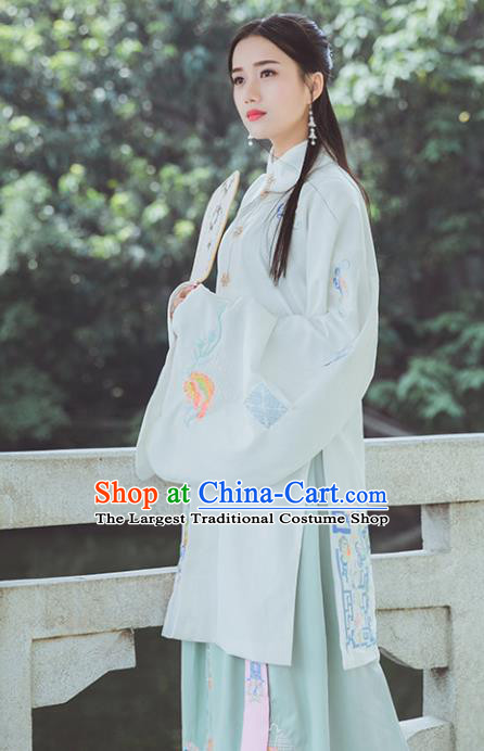 Chinese Ming Dynasty White Historical Costume Traditional Ancient Court Princess Embroidered Hanfu Dress for Women