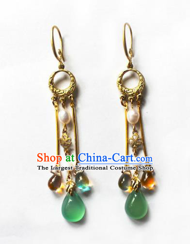 Handmade Chinese Ancient Princess Pearl Golden Earrings Traditional Hanfu Jewelry Accessories for Women