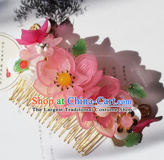 Chinese Ancient Hanfu Pink Lotus Hair Comb Princess Hairpins Traditional Handmade Hair Accessories for Women