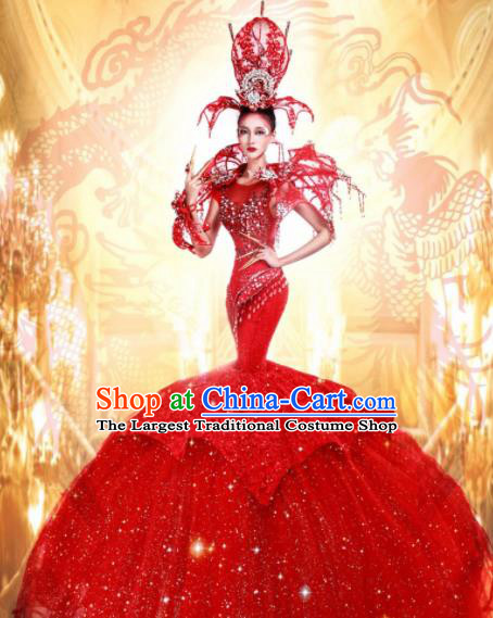 Traditional Chinese Fancy Ball Costume Stage Show Modern Fancywork Red Fishtail Dress for Women