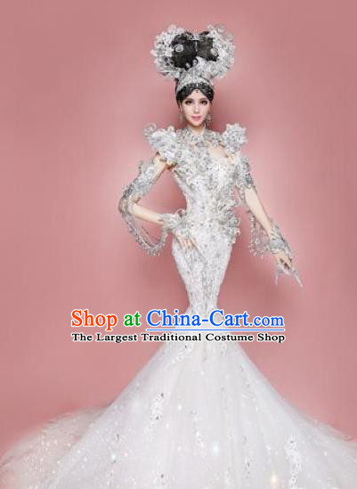 Handmade Modern Fancywork Cosplay Queen White Trailing Full Dress Halloween Stage Show Fancy Ball Costume for Women