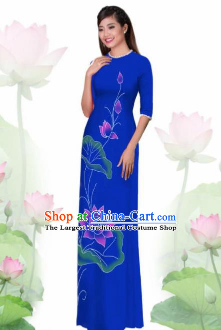 Vietnam Traditional National Costume Printing Lotus Blue Ao Dai Dress Asian Vietnamese Cheongsam for Women