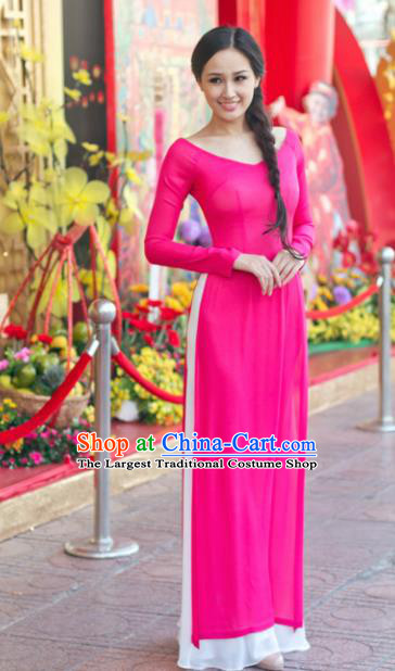 Vietnam Traditional Court Costume Rosy Ao Dai Dress Asian Vietnamese Cheongsam for Women
