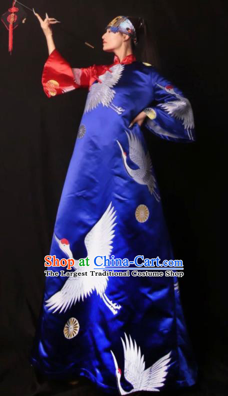 Chinese Traditional Catwalks Costume National Printing Cranes Royalblue Brocade Cheongsam Tang Suit Qipao Dress for Women