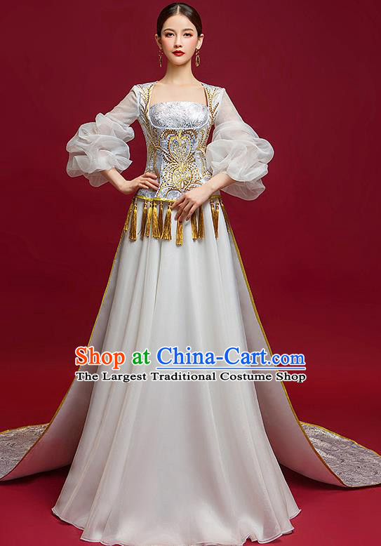 Chinese National Catwalks Grey Trailing Full Dress Traditional Compere Cheongsam for Women