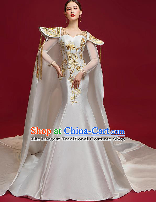 Chinese National Catwalks Embroidered White Trailing Full Dress Traditional Compere Cheongsam for Women