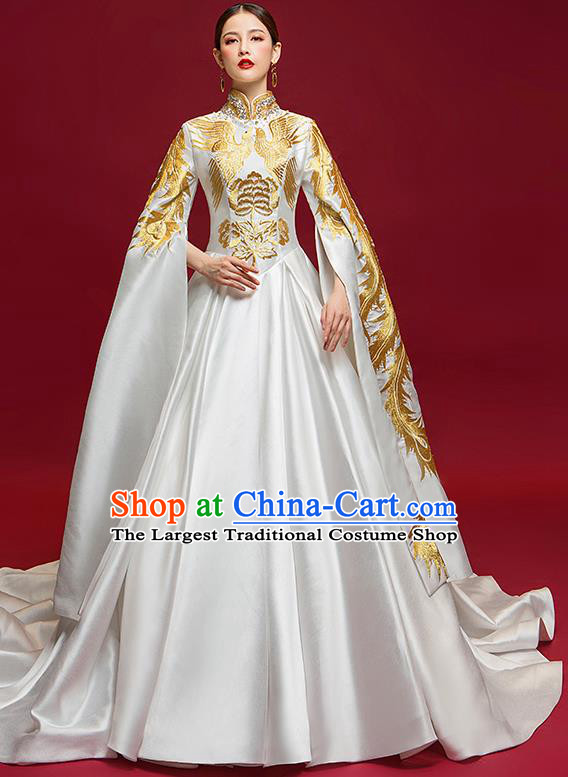 Chinese National Catwalks Embroidered Phoenix Trailing Full Dress Traditional Compere Cheongsam for Women