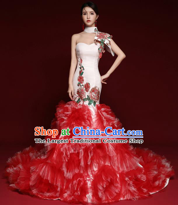 Chinese National Catwalks Red Veil Peony Trailing Cheongsam Traditional Costume Tang Suit Qipao Dress for Women