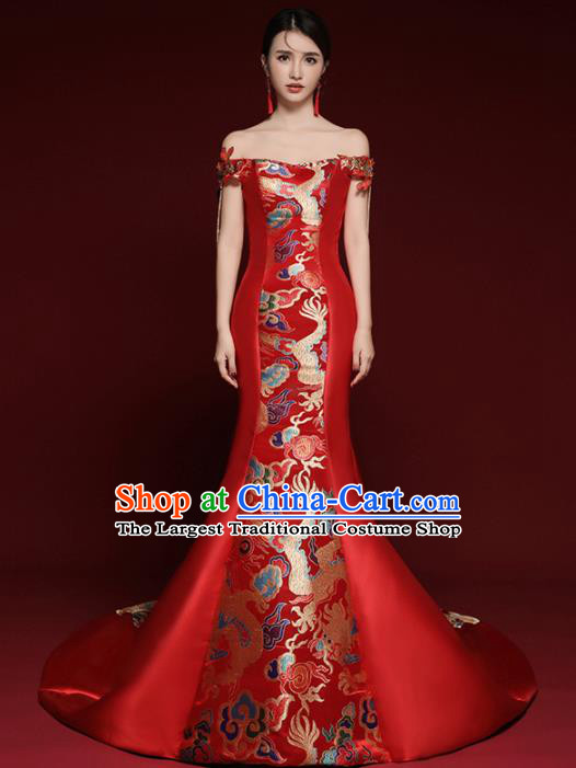 Chinese National Catwalks Red Brocade Trailing Cheongsam Traditional Costume Tang Suit Qipao Dress for Women