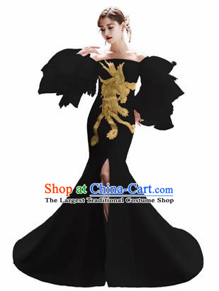 Top Grade Catwalks Black Trailing Full Dress Modern Dance Party Compere Embroidered Phoenix Costume for Women