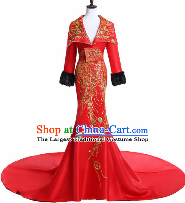 Chinese National Catwalks Costume Embroidered Phoenix Red Trailing Cheongsam Traditional Tang Suit Qipao Dress for Women