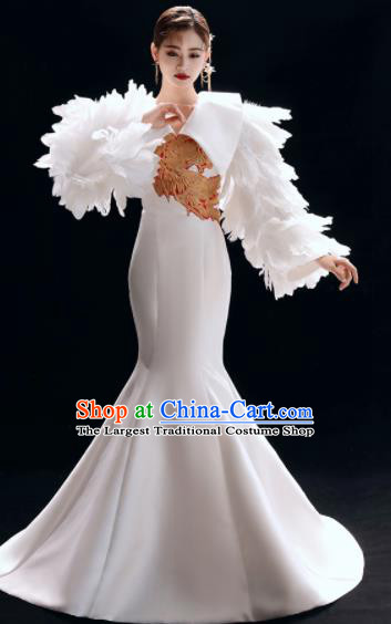 Top Grade Catwalks Embroidered White Feather Trailing Full Dress Modern Dance Party Compere Costume for Women