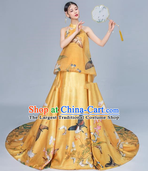Chinese National Catwalks Printing Butterfly Golden Trailing Cheongsam Traditional Costume Tang Suit Qipao Dress for Women