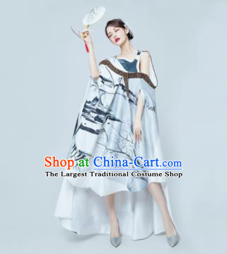 Top Grade Catwalks Compere Ink Painting Short Full Dress Modern Dance Party Costume for Women