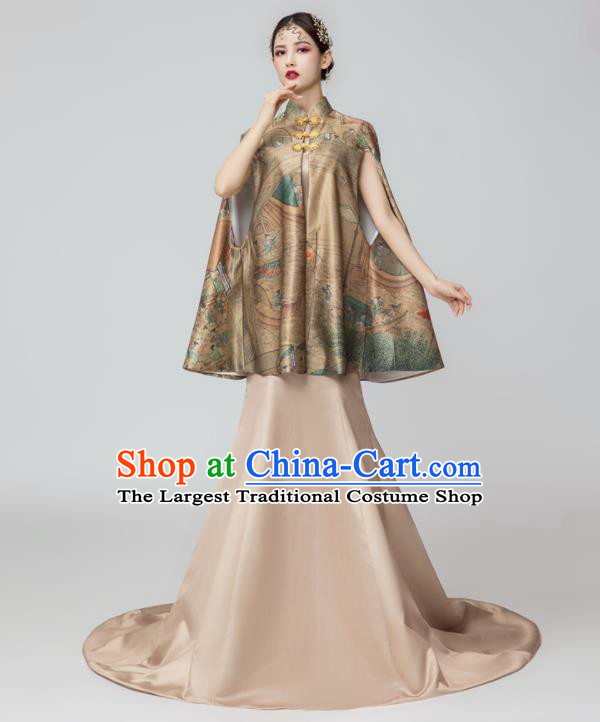 Chinese National Catwalks Printing Brown Silk Cheongsam Traditional Costume Tang Suit Qipao Dress for Women