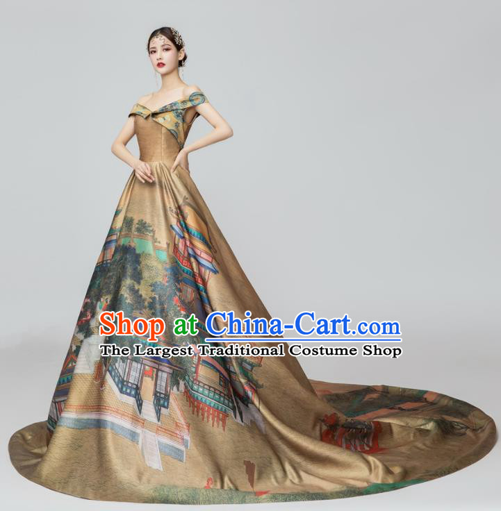 Chinese National Catwalks Trailing Brown Silk Cheongsam Traditional Costume Tang Suit Qipao Dress for Women