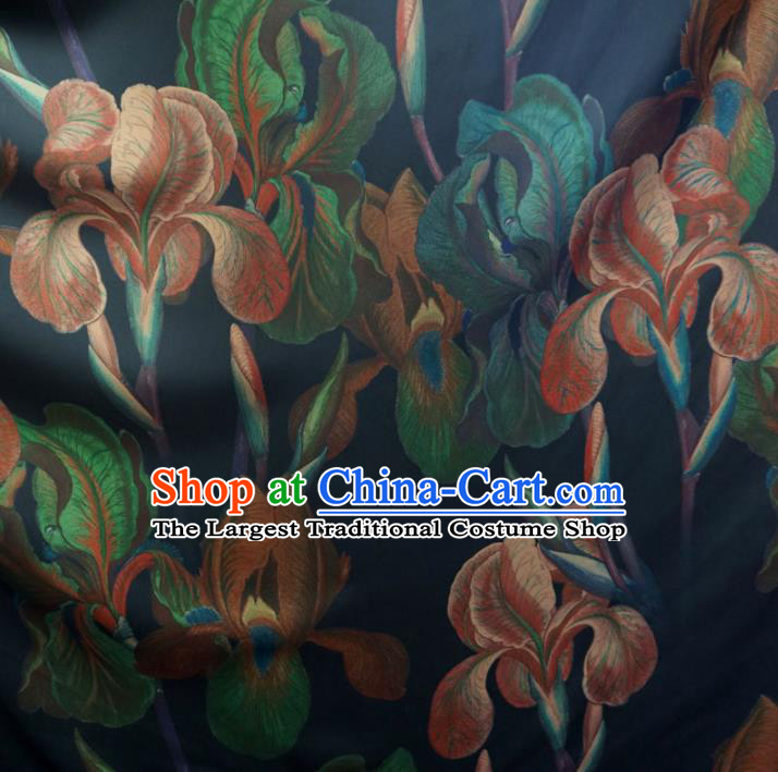 Asian Chinese Traditional Flowers Pattern Design Navy Watered Gauze Cheongsam Silk Fabric Chinese Fabric Material