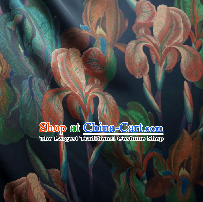 Asian Chinese Traditional Flowers Pattern Design Navy Watered Gauze Cheongsam Silk Fabric Chinese Fabric Material