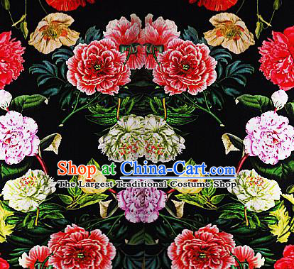 Chinese Classical Printing Peony Pattern Design Black Brocade Cheongsam Silk Fabric Chinese Traditional Satin Fabric Material