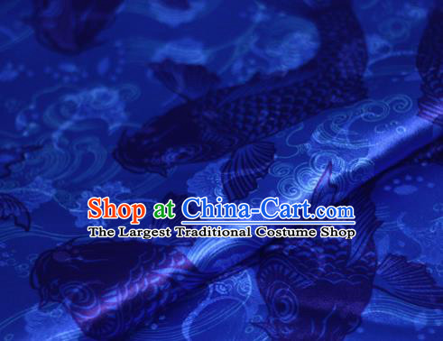 Chinese Classical Carps Pattern Design Blue Brocade Cheongsam Silk Fabric Chinese Traditional Satin Fabric Material