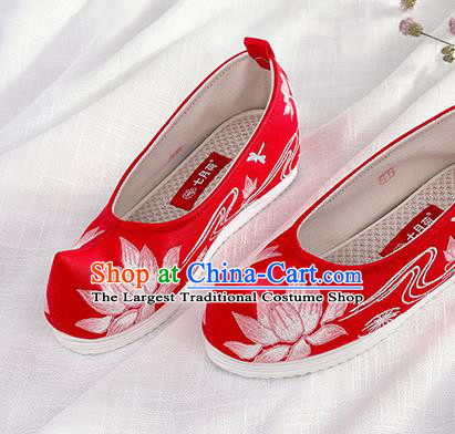 Chinese Traditional Hanfu Red Cloth Shoes Embroidered Lotus Shoes Handmade Ancient Princess Shoes for Women