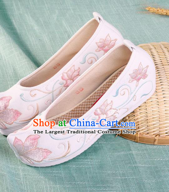 Chinese Traditional Hanfu Cloth Shoes Embroidered Lotus White Shoes Handmade Ancient Princess Shoes for Women