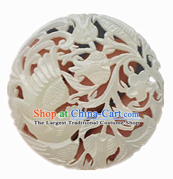 Handmade Chinese Jade Carving Phoenix Round Pendant Traditional Jade Craft Jewelry Accessories