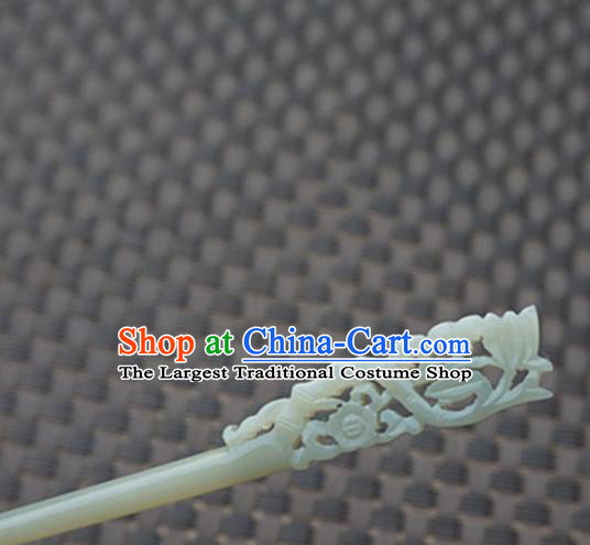 Chinese Handmade White Jade Carving Flower Hair Clip Ancient Jade Hairpins Hair Accessories for Women for Men
