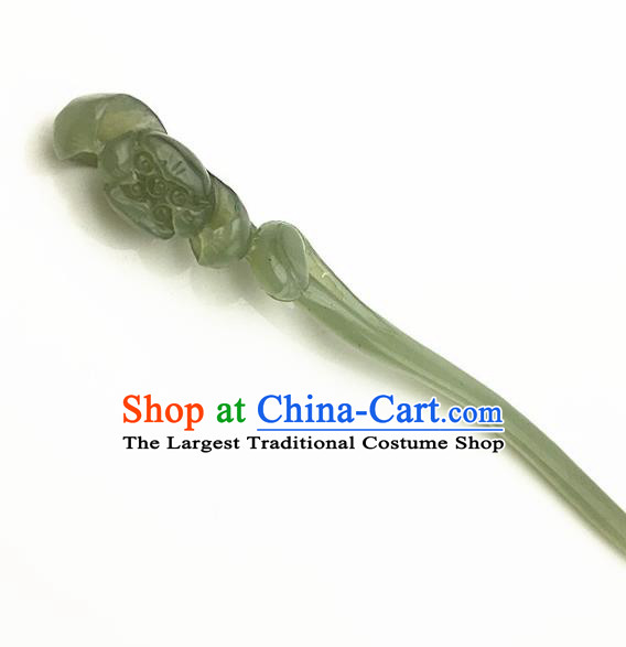 Chinese Handmade Green Jade Carving Lotus Hair Clip Ancient Jade Hairpins Hair Accessories for Women for Men