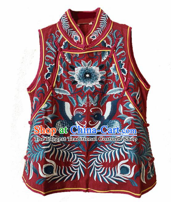 Traditional Chinese Embroidered Red Vest Upper Outer Garment Tang Suit Waistcoat National Costume for Women