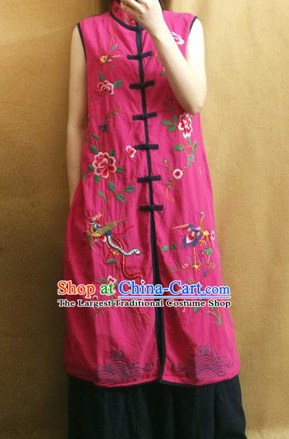 Traditional Chinese Embroidered Phoenix Peony Rosy Long Vest Upper Outer Garment Tang Suit Waistcoat National Costume for Women