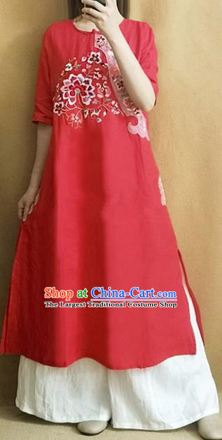 Traditional Chinese Embroidered Lotus Red Cheongsam Qipao Dress Tang Suit National Costume for Women